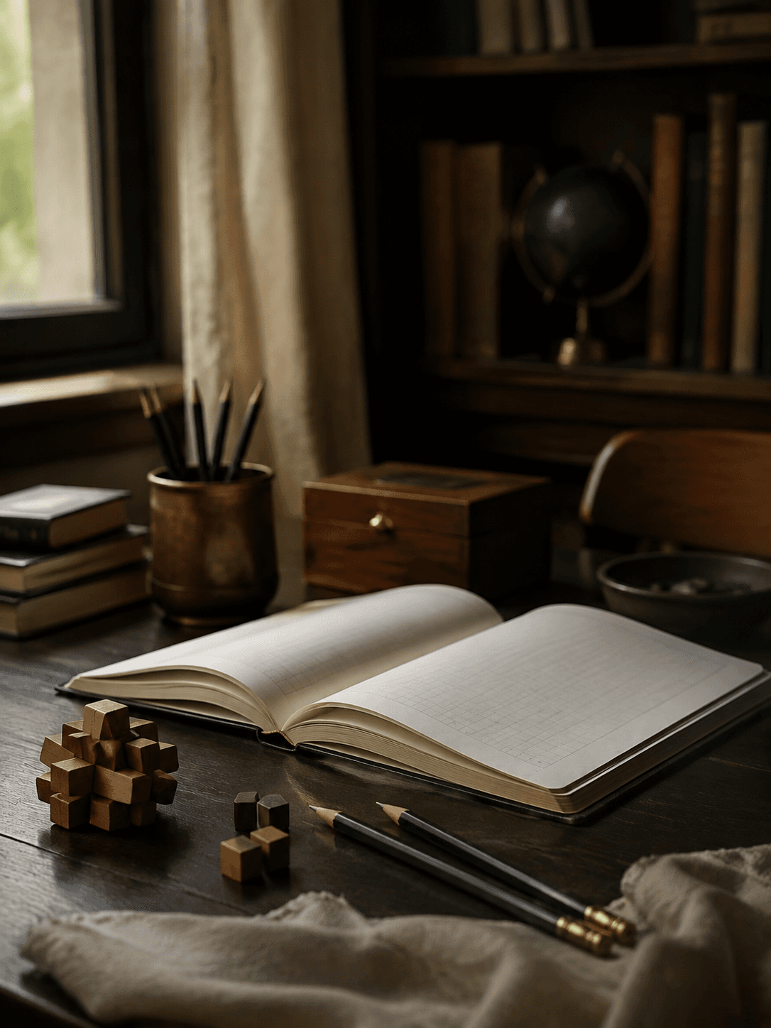 A warm study desk with an exercise book, pencils, and wooden puzzles