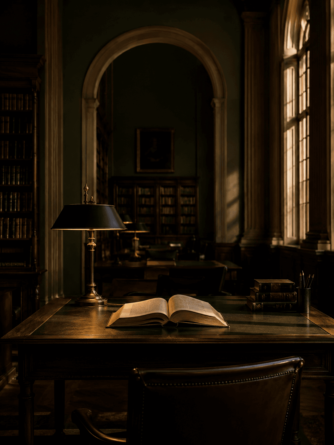 An atmospheric university reading room with an open book and brass lamp