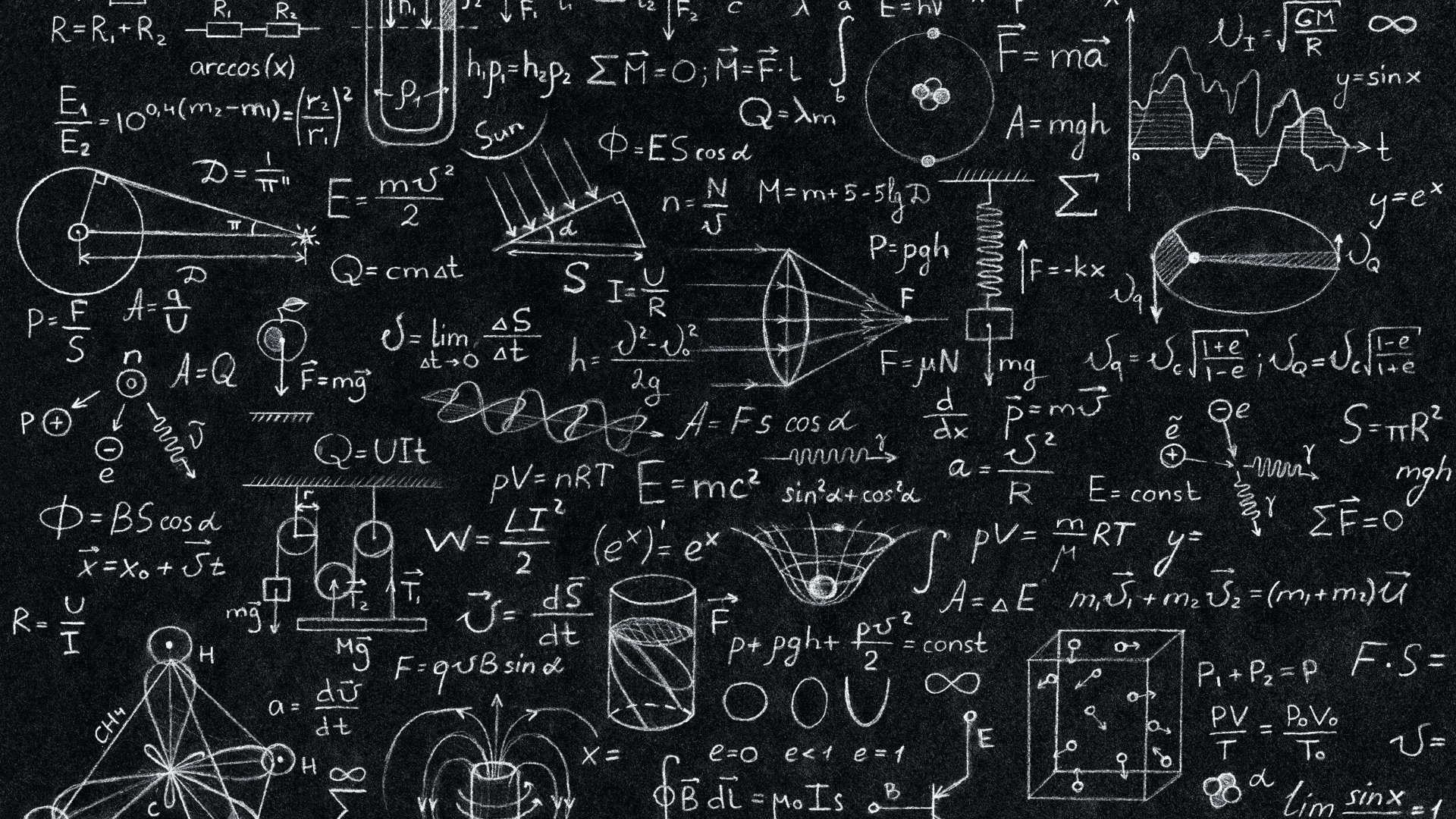 Mathematical equations and diagrams drawn on a blackboard
